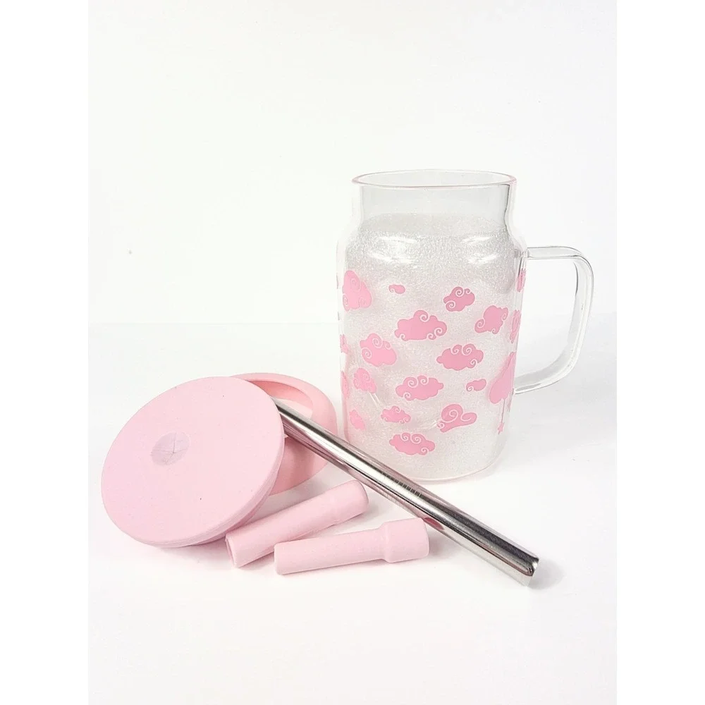 22 oz BPA Free Glass Tumbler w/ Handle Pink Accents Unicorn & Cloud Vinyl Design